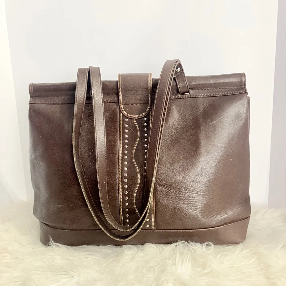 Vintage Kathi Kilburn Brown Leather Studded Tote Bag Handcrafted in Spain RARE